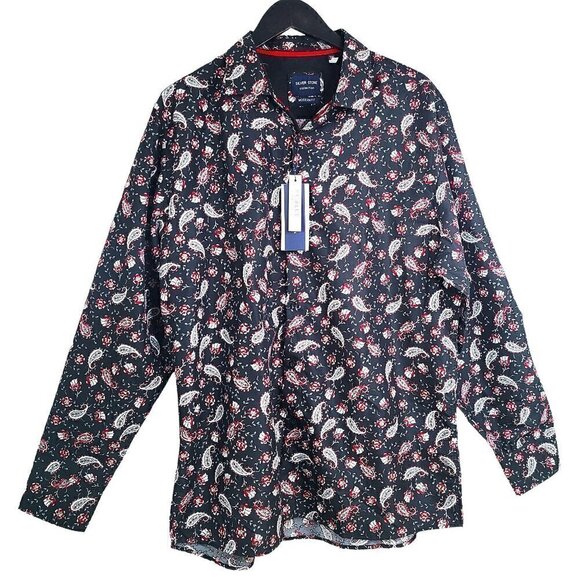 NWT SILVER STONE COLLECTION Mens Black & Red Paisley Button up Shirt Modern Fit - Picture 1 of 8